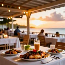 Caribbean Holidays, Barbados in March, A friendly Bajan restaurant terrace at sunset, serving fresh fish and Caribbean dishes, with warm lights and a relaxed atmosphere