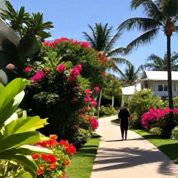 Caribbean Holidays, Barbados in March, A green tropical garden in Barbados with flowering plants, palm trees and a visitor walking along a shaded path in warm March sunshine