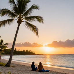 Caribbean Holidays, Barbados in March, A scenic Barbados sunset over a tranquil beach, with palm trees, soft golden light and a comfortable couple enjoying the shoreline