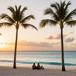 Caribbean Holidays, Barbados in March, Adults-only beachfront resort in Barbados at sunrise, palm trees, calm turquoise sea and a couple enjoying a peaceful March holiday