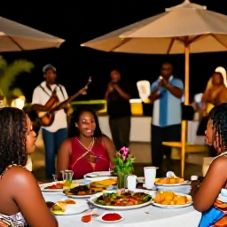 Caribbean Holidays, Barbados in March, Barbados evening gathering with live calypso music, outdoor tables, local food and warm island atmosphere