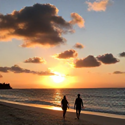 Caribbean Holidays, Barbados in March, Barbados sunset over the sea with a couple walking along the beach and warm evening light