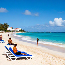 Caribbean Holidays, Barbados in March, Bright Caribbean beach in Barbados with turquoise water, golden sand, sun loungers and visitors enjoying a warm March day