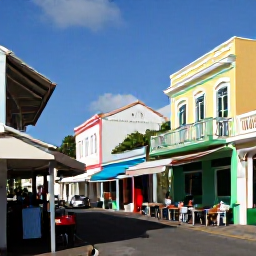 Caribbean Holidays, Barbados in March, Colourful Bridgetown street scene in Barbados with historic buildings, local shops, caf&eacute; tables and visitors exploring in warm March sunshine
