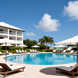 Caribbean Holidays, Barbados in March, Comfortable all-inclusive resort in Barbados with a swimming pool, sun loungers, tropical gardens and guests enjoying a March holiday