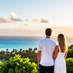 Caribbean Holidays, Barbados in March, Couple enjoying a scenic Barbados viewpoint with tropical greenery, blue sea and warm late-afternoon light