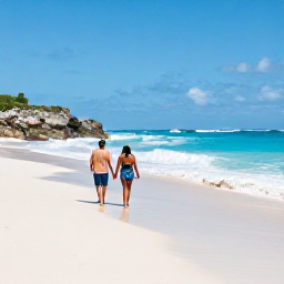 Caribbean Holidays, Barbados in March, Couple walking along a quiet white-sand beach in Barbados in March, gentle waves, coral stone coastline and bright blue sky