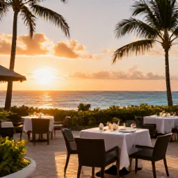 Caribbean Holidays, Barbados in March, Elegant adults-only Barbados resort restaurant at sunset, outdoor dining tables, palm trees and golden light over the Caribbean Sea