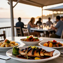 Caribbean Holidays, Barbados in March, Outdoor restaurant in Barbados at sunset with grilled fish, colourful Caribbean dishes and relaxed diners