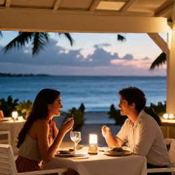 Caribbean Holidays, Barbados in March, Romantic outdoor restaurant in Barbados at evening, with a couple dining by the sea, softly lit tables and a relaxed island atmosphere