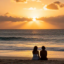 Caribbean Holidays, Barbados in March, Romantic sunset scene on the west coast of Barbados, with a couple seated near the sea, golden light and calm Caribbean waves