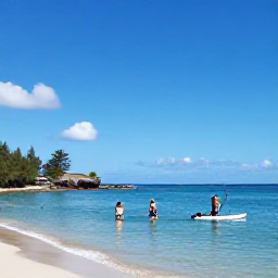 Caribbean Holidays, Barbados in March, Visitors swimming and paddleboarding in the calm blue sea off the Barbados coast, with a sandy beach and sunny skies