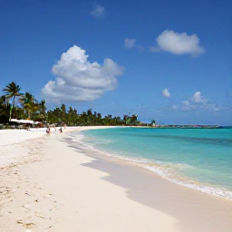 Caribbean Holidays, Barbados in May, A bright Caribbean beach in Barbados in May, with calm turquoise water, pale sand, palm trees and a few relaxed holidaymakers