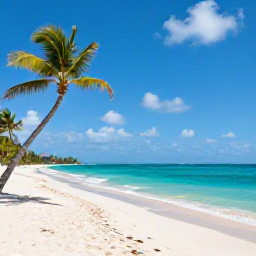 Caribbean Holidays, Barbados in May, A quiet Barbados beach in May with turquoise sea, soft white sand, leaning palms and a warm blue sky