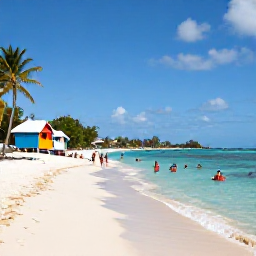 Caribbean Holidays, Barbados in May, A relaxed Barbados beach afternoon in May with snorkellers in clear water, a colourful beach hut and palm trees beside the sand