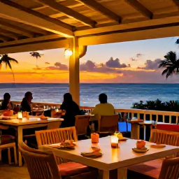 Caribbean Holidays, Barbados in May, A relaxed Barbados evening with an outdoor restaurant, colourful Bajan food, warm lights and a sunset over the Caribbean Sea