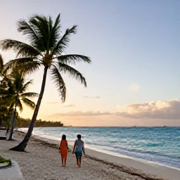 Caribbean Holidays, Barbados in May, A relaxed couple walking along a quiet Barbados beach at sunset, palm trees and calm turquoise sea
