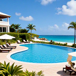 Caribbean Holidays, Barbados in May, A welcoming all-inclusive resort in Barbados, showing a swimming pool, sun loungers, tropical gardens and a glimpse of the Caribbean Sea