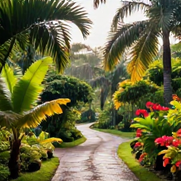 Caribbean Holidays, Barbados in May, Barbados nature scene in May with lush tropical vegetation, a winding path, colourful flowers and sunlight after a light rain shower