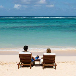 Caribbean Holidays, Barbados in May, Couple relaxing on a beautiful Barbados beach with sun loungers, clear water and gentle waves