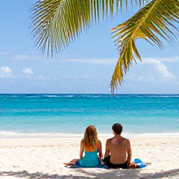 Caribbean Holidays, Barbados in May, Couple relaxing on a quiet Barbados beach in May, with clear blue water, white sand and gentle palm shade