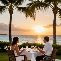 Caribbean Holidays, Barbados in May, Elegant adults-only Barbados hotel restaurant at sunset, with couples dining outdoors beside palm trees and the sea