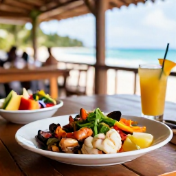 Caribbean Holidays, Barbados in May, Healthy Bajan meal with fresh seafood, colourful salad and tropical fruit on a shaded restaurant terrace in Barbados