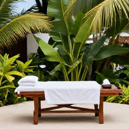 Caribbean Holidays, Barbados in May, Open-air Barbados spa treatment beside a tropical garden, natural wood, white robes and lush green plants