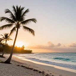 Caribbean Holidays, Barbados in May, Quiet Caribbean beach in Barbados at sunrise, soft golden light, calm turquoise sea and palm trees