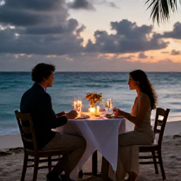 Caribbean Holidays, Barbados in May, Romantic beachfront dinner for two in Barbados at dusk, candles, ocean view and relaxed island setting