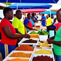 Caribbean Holidays, Barbados in May, Traditional Bajan food being served at a lively outdoor market in Barbados, with colourful produce, fish, spices and friendly local vendors