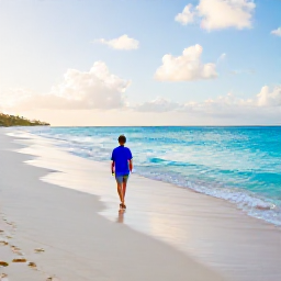 Caribbean Holidays, Barbados in May, Visitor walking along a tranquil Barbados beach with turquoise water, pale sand and gentle morning sunshine