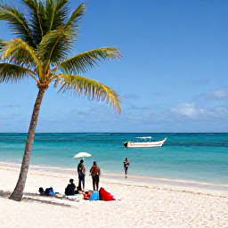Caribbean Holidays, Barbados in May, Visitors enjoying a calm sandy beach in Barbados in May, with turquoise sea, swaying palms and a small colourful fishing boat