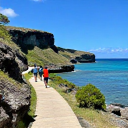 Caribbean Holidays, Barbados in May, Visitors walking along a scenic Barbados coastal trail above clear blue water, with rugged cliffs, green vegetation and bright sunshine