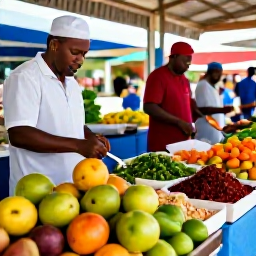 Caribbean Holidays, Barbados in November, A colourful Barbadian food market with fresh fruit, vegetables, spices and local cooks preparing traditional island food