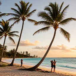 Caribbean Holidays, Barbados in November, Barbados beach at golden hour with swaying coconut palms, turquoise water, warm sunset light and a couple taking holiday photographs