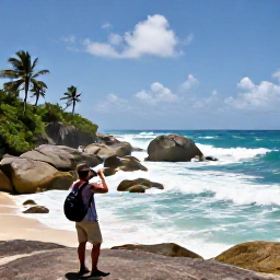 Caribbean Holidays, Barbados in November, Dramatic Bathsheba coastline on Barbados&rsquo;s east coast, large rocks, rolling Atlantic waves, palm trees and a traveller photographing the scenery