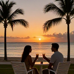 Caribbean Holidays, Barbados in October, A couple enjoying sunset drinks at a Barbados beachfront resort, with a calm sea, palm silhouettes and warm evening light