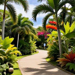 Caribbean Holidays, Barbados in October, A lush Barbados botanical garden in October, with tropical foliage, winding paths and a visitor exploring among palms