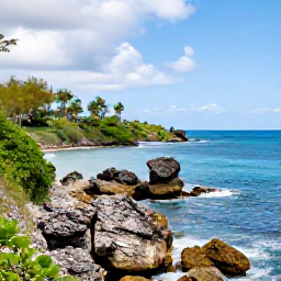 Caribbean Holidays, Barbados in October, A scenic Barbados coastline with rugged rocks, blue Atlantic water and green vegetation under a partly cloudy sky