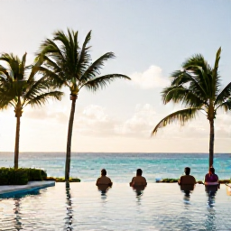 Caribbean Holidays, Barbados in October, Guests relaxing beside an infinity pool at a Barbados all-inclusive resort, with palm trees, ocean views and warm afternoon light
