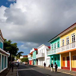 Caribbean Holidays, Barbados in October, Historic Bridgetown Barbados with colourful buildings, colonial architecture, walking visitors and tropical sunshine after a brief rain shower