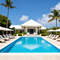 Caribbean Holidays, Barbados in September, A comfortable Barbados hotel pool and tropical garden in September with sunshine, sun loungers and palm trees