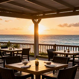 Caribbean Holidays, Barbados in September, A relaxed Barbados beachfront restaurant at sunset with outdoor tables, local food and warm evening light