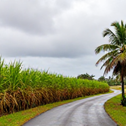 Caribbean Holidays, Barbados in September, Lush Barbados countryside after a light tropical shower, sugar cane fields, palm trees and a small winding road