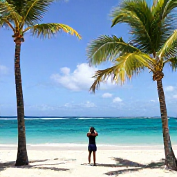 Caribbean Holidays, Barbados Instagram Hotspots, Bright tropical beach in Barbados with turquoise water, swaying palms and a person taking a holiday photograph