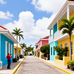 Caribbean Holidays, Barbados Instagram Hotspots, Colourful historic street in Bridgetown, Barbados, with pastel buildings, tropical plants and a visitor taking photographs