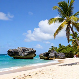 Caribbean Holidays, Barbados Instagram Hotspots, Colourful tropical beach scene at Bathsheba on Barbados, with dramatic rock formations, turquoise sea and swaying palm trees