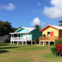 Caribbean Holidays, Barbados Instagram Hotspots, Colourful wooden chattel houses and tropical gardens in a quiet Barbados village, with a bright blue sky and soft June sunlight