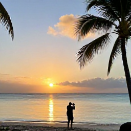 Caribbean Holidays, Barbados Instagram Hotspots, Golden sunrise over Carlisle Bay in Barbados, calm turquoise water, palm trees and a traveller taking a beach photograph